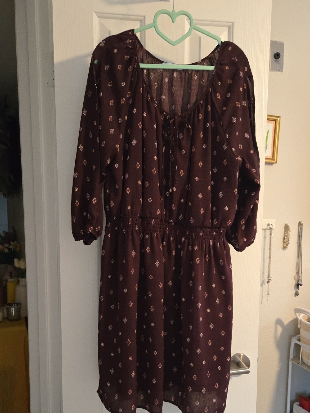 Maurices Dark Brown Printed Long Sleeve Tie-Neck Dress
